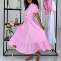 european and american export women's clothing: new summer dresses - french chic solid color tie-waist bubble sleeve maxi dress