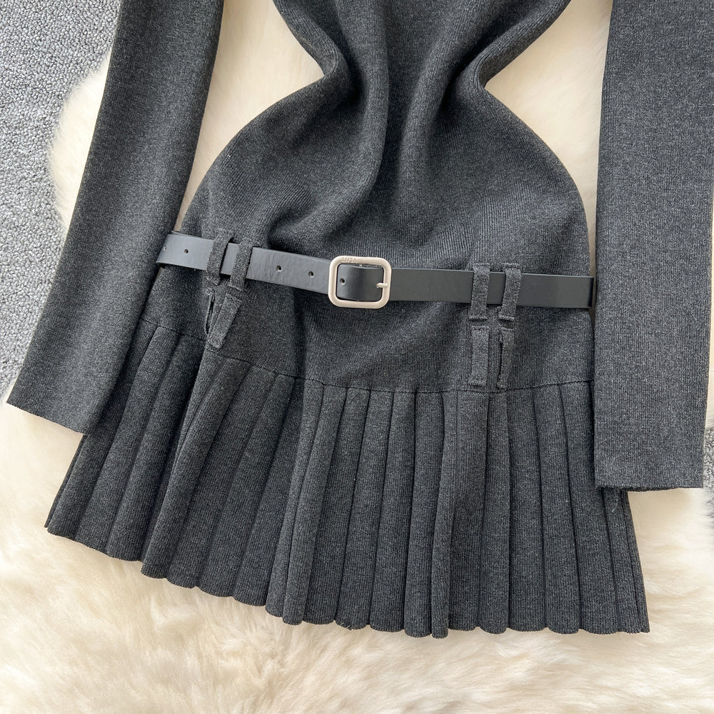 Preppy style retrosense of designfake two-piece knittingdressfemalefall and wintermatching belt silmpleated skirt