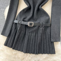 Preppy style retrosense of designfake two-piece knittingdressfemalefall and wintermatching belt silmpleated skirt