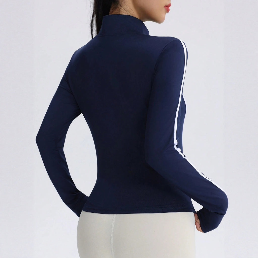 Pre-sale European beautiful women  contrasting color stand-up neck zipper sports jacket slim and thin long sleeve side stripe fitness yoga