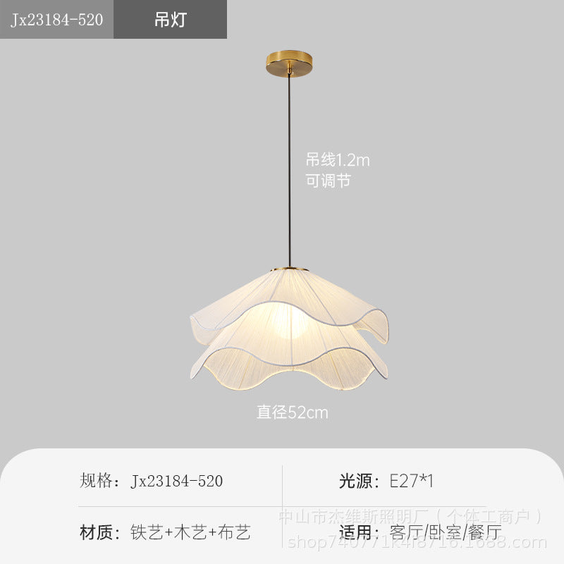 Creamy double-layer ruffle fabric french-style chandelier - gentle pleated petal single head pendant light for dining room table and bedroom