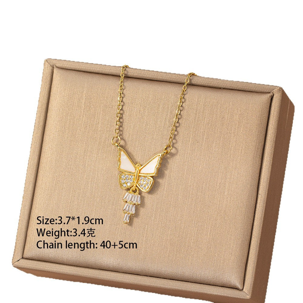 【titanium steel】fashionable and versatile full diamond copper inlaid zircon butterfly necklace - women's high-end, unique, and exquisite clavicle chain jewelry
