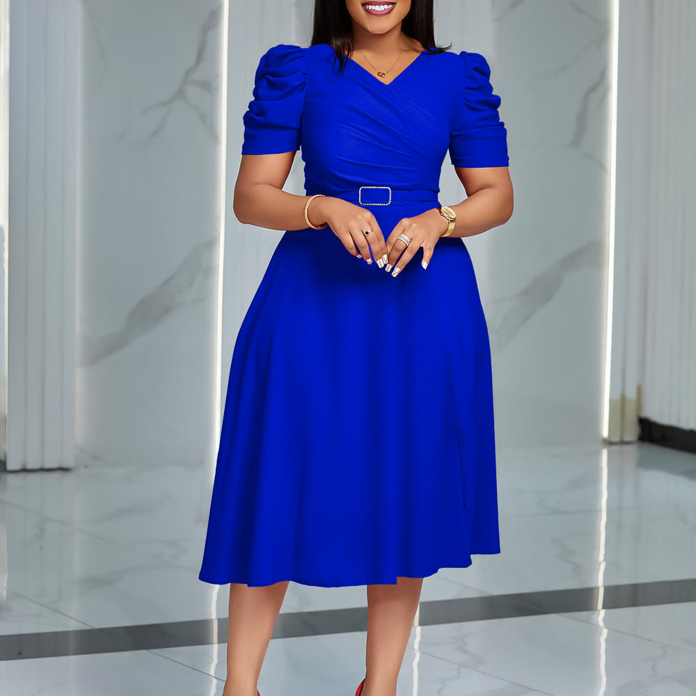 D490  foreign trade women's summer new fashion elegant v-neck pleated swing dress