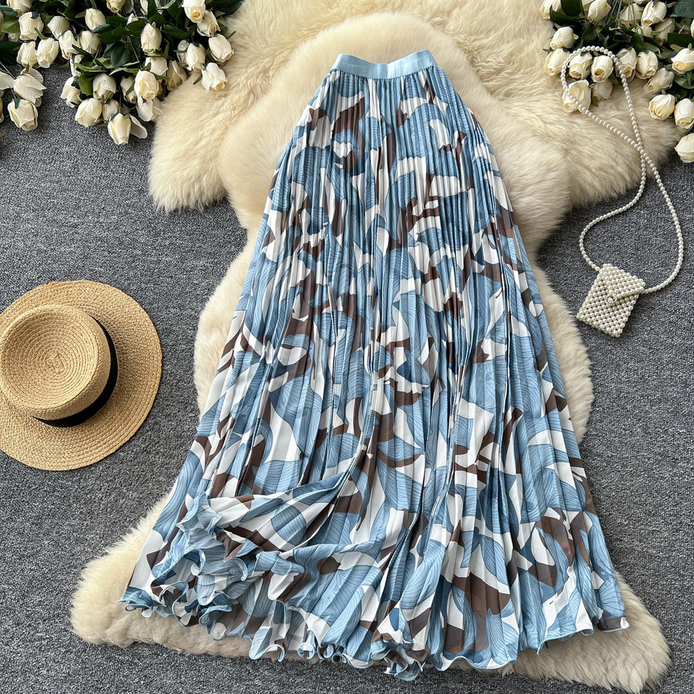 Export cross-border printing high waist a-line pleated skirt women's summerpleated skirt mid-length skirt work clothing holiday style