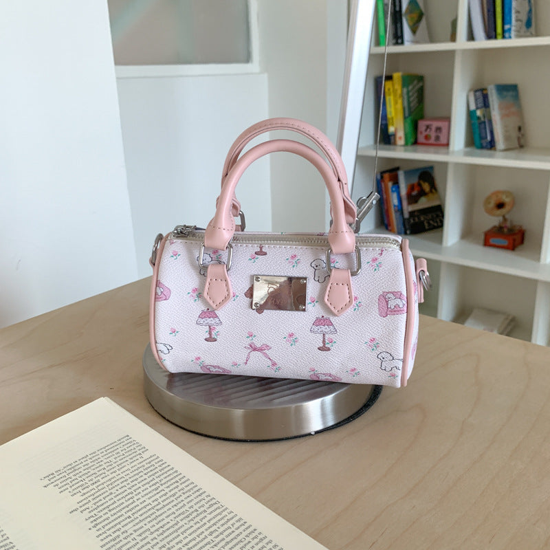 Cross-border high-end portable cylinder small bag women's 2025 new retro printed Boston bag shoulder bag oblique span