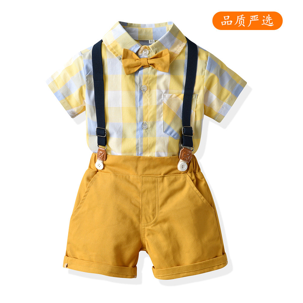 Boys' spring/summer new color block plaid shirt & overalls gentleman two-piece set - dropshipping available