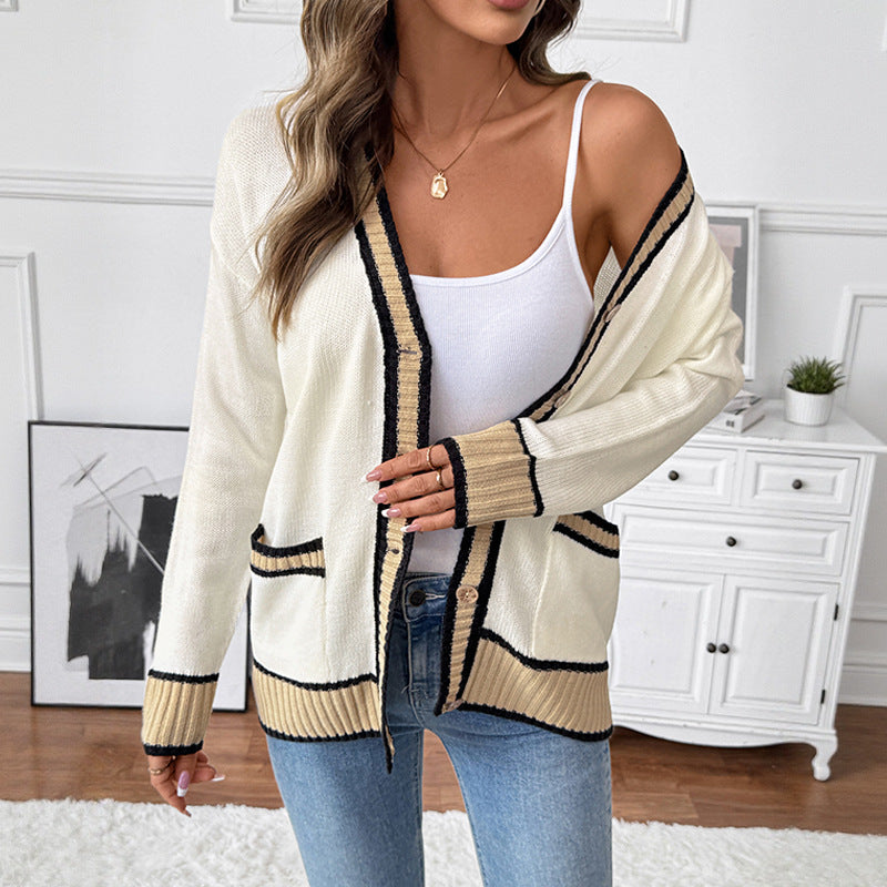 European  2025 new autumn and winter  workplace leisure lazy wind loose v-neck contrasting color sweater cardigan women