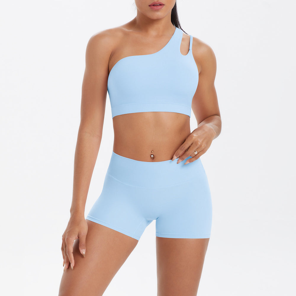 New arrival cross-border fashion double-sided nylon brushed single-shoulder yoga suit sports running fitness two-piece set for women