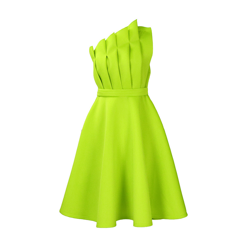 D3200 plus size women's summer sexy asymmetrical neck ruched high waist evening gown party dress - cross-border dress