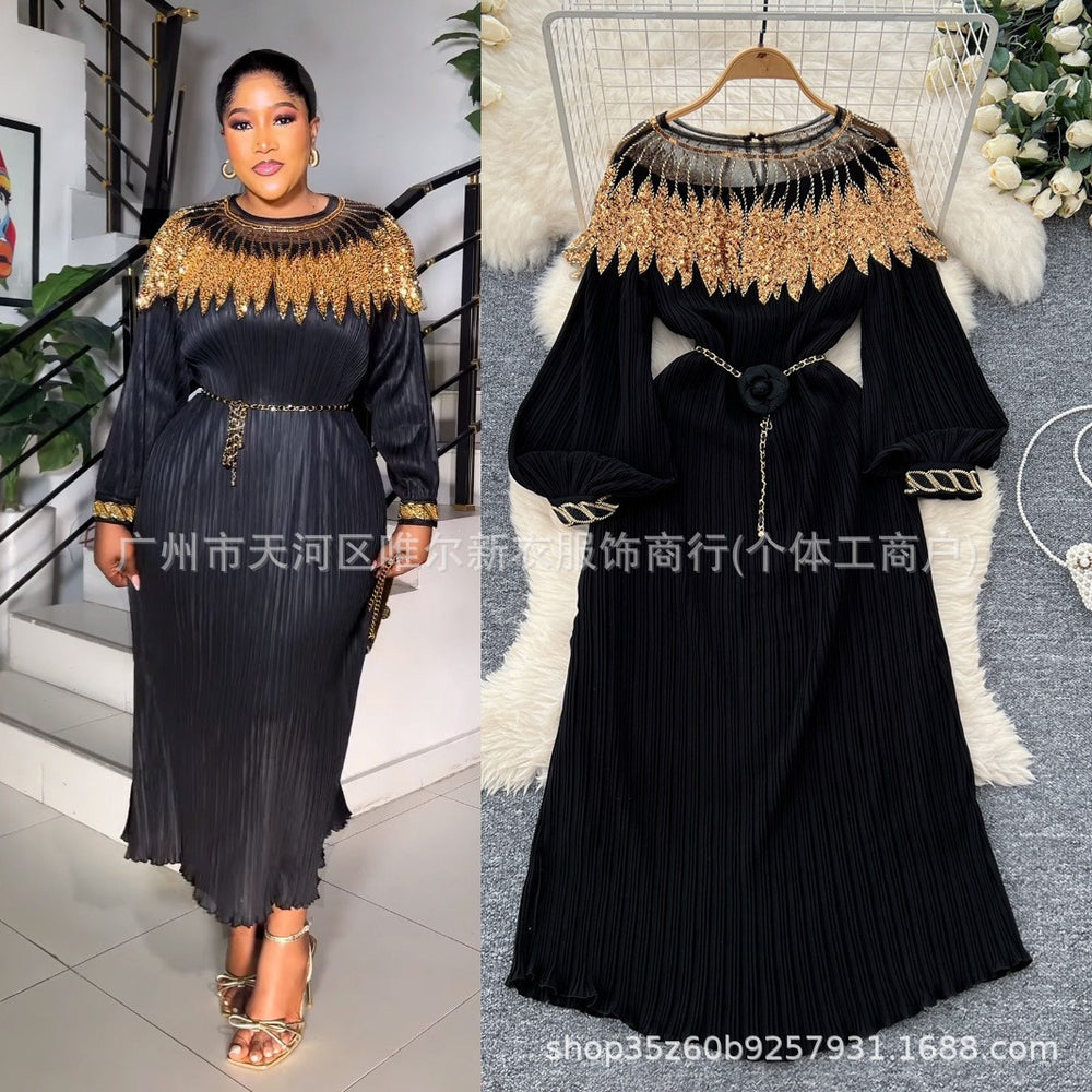 Miyake cross-border heavy industry sequin cloak patch waist pleated loosedress pleated long skirt