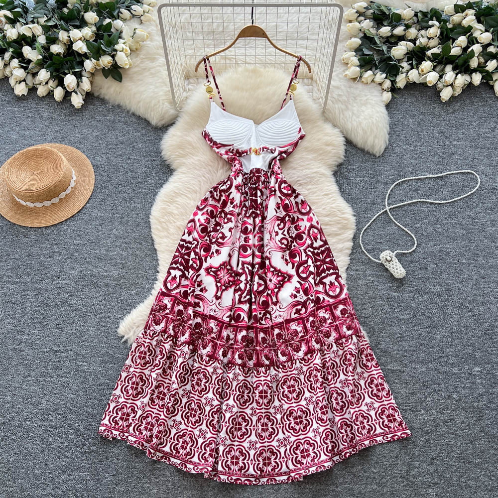 European and american fashion camisole dress for women, autumn , high-end, slimming, elegant, printed, flowy maxi dress