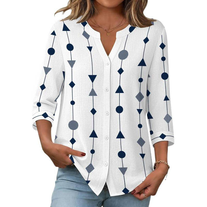 Amazon european goods  summer button-down shirt, three-quarter sleeve v-neck blouse, fashionable casual loose top