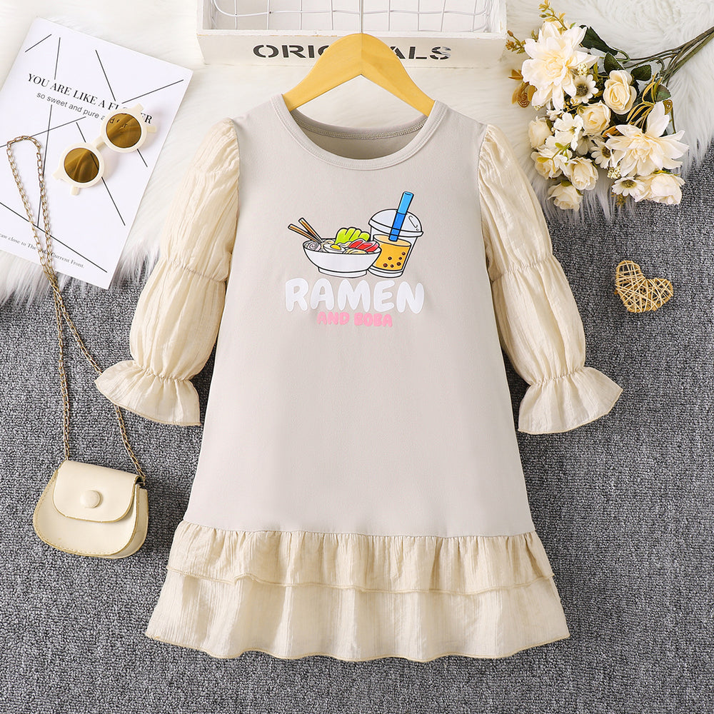 Girls' export dress - beige with patchwork sleeves, lace hem, and cartoon appliqués - autumn long-sleeve dress for children