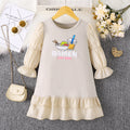 Girls' export dress - beige with patchwork sleeves, lace hem, and cartoon appliqués - autumn long-sleeve dress for children