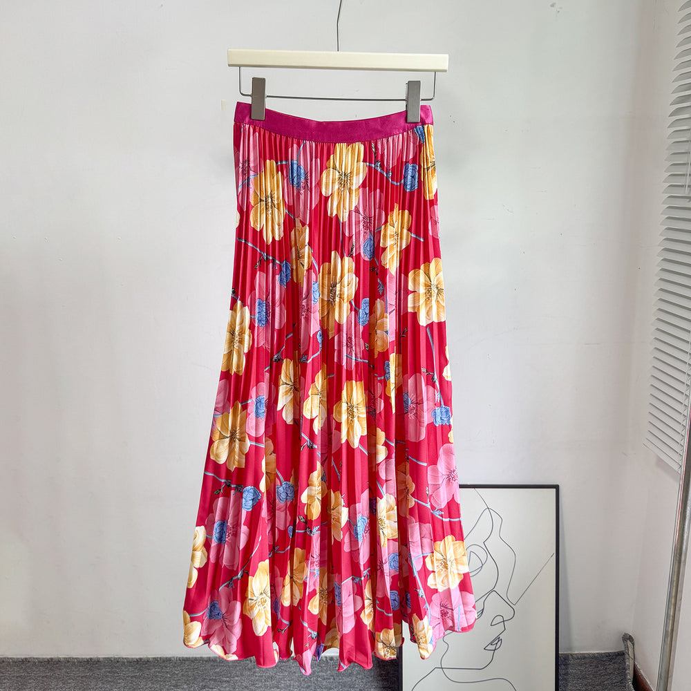 fashionretroprintingpleated elastic waist fashion skirt women's high waist a-line skirt work clothing long skirt summer