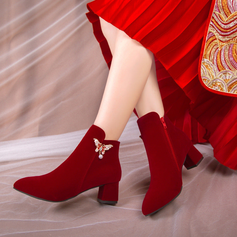 Winter wedding shoes women's burgundy chinoiserie xiuhe wedding dress two wear pearl thick heel bridal shoes fashionbows single boots