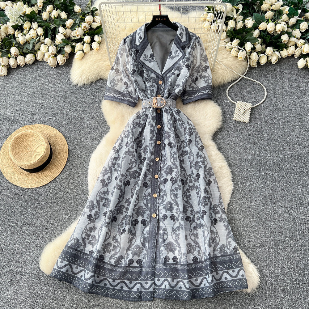 Frenchromantic style printingsense of designdressfemaleniche stylesummer suit collar waist slimming lookelegant long skirt