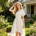 Teen girls' french floral dress - high-low hem, country chic print, v-neck, fashionable european & american style, vintage dress