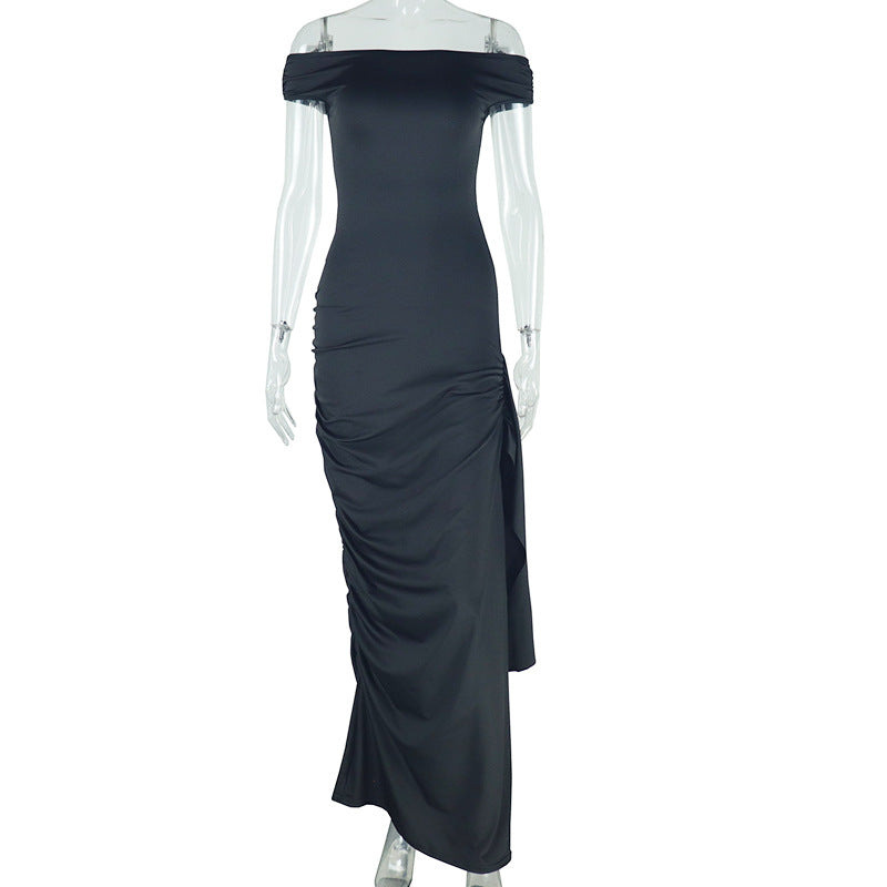 Fashion style ins export women's clothing new arrivalpure color raglan sleeve dress oblique collar elegantcasual ribbon pullover skirt