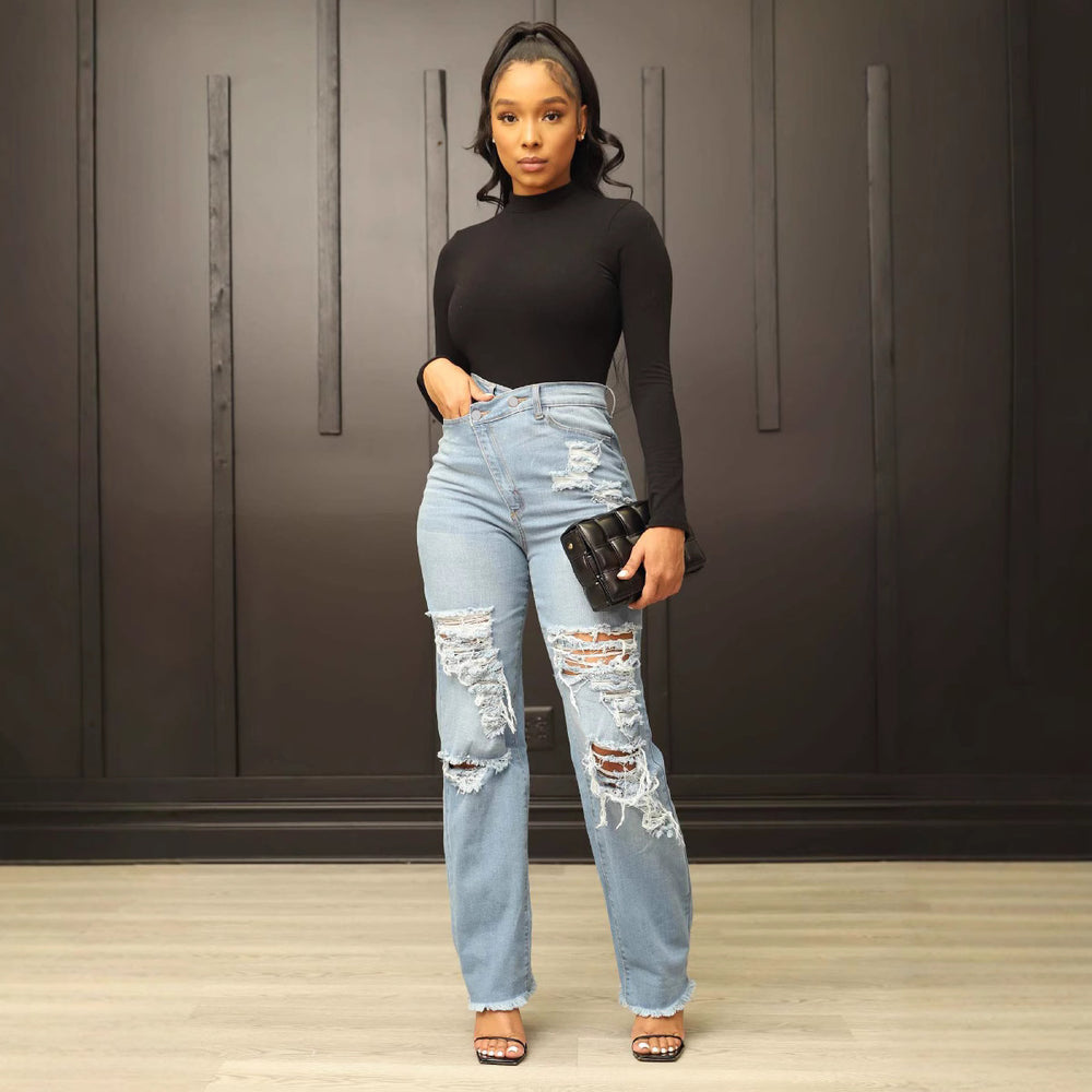 Amazon hot-selling stretch denim jeans: trendy high-waisted wide-leg jeans with distressed wash and whiskering for women