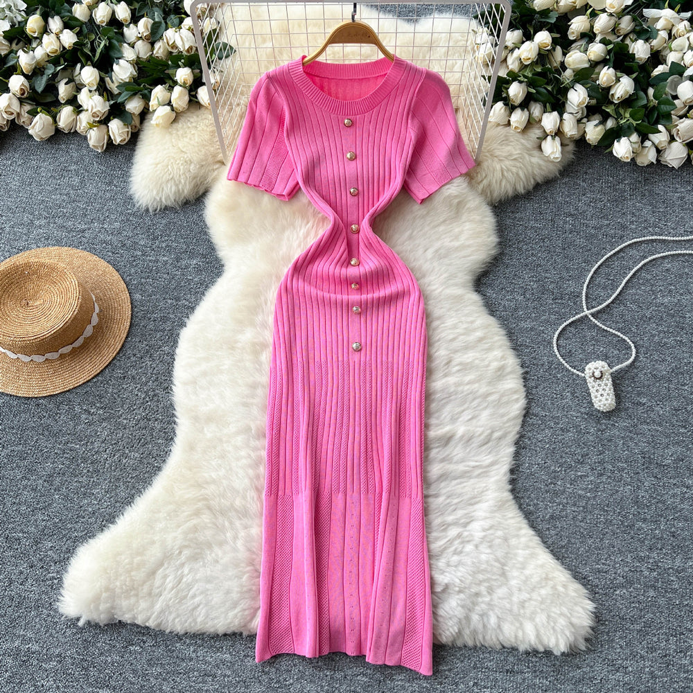 Xiaoxiangfeng fashionablefashionable metal buckle silm short-sleeved knittingdress female summerfrench waist sweater skirt