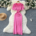 Xiaoxiangfeng fashionablefashionable metal buckle silm short-sleeved knittingdress female summerfrench waist sweater skirt