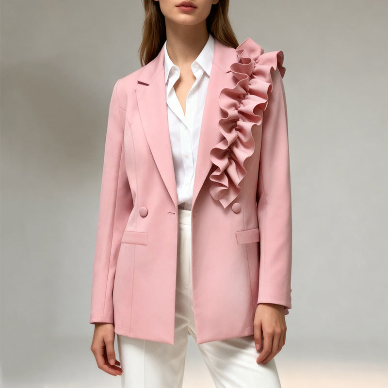 European and american style 3d ruffle blazer - slim fit, figure-flattering, chic workwear design, designer blazer top