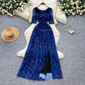 Hepburn style pink a-line slit long sleevesdress women's summer short-sleeved high waist pleated elegantelegance long skirt