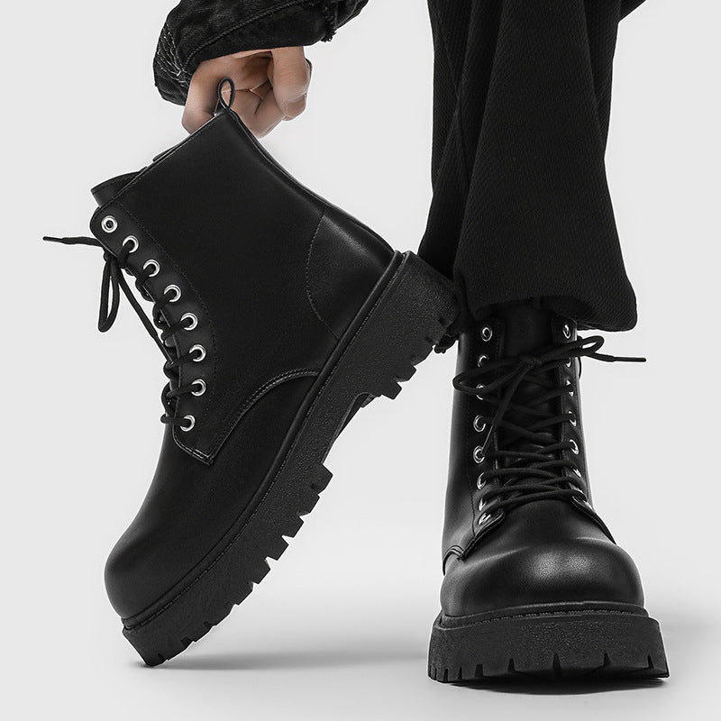 Side zipper boots men's high-top british style leather black workwear motorcycle boots spring height-increasing high-top short boots