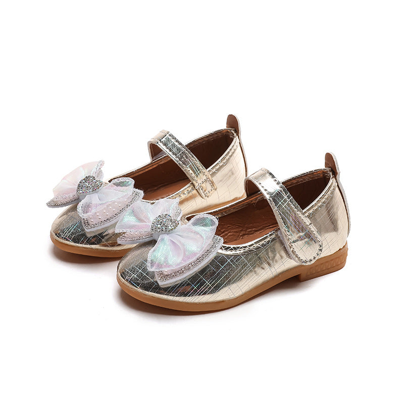 Girls'  spring new bowknot soft sole princess leather shoes for mid-to-large children - wholesale magic tape closure kids' shoes (direct from manufacturer)