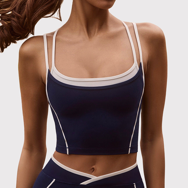 Fitness tops sling sexy spaghetti strap contrast colorfake two-piece halter sports intimates bra vest yoga clothes for women