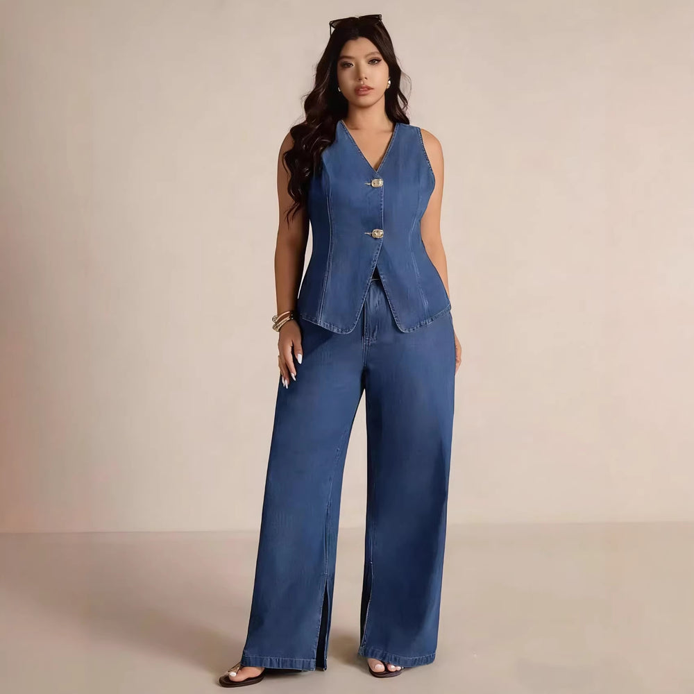 Fashionable and chic button-up sleeveless vest and wide-leg jeans denim set for women - perfect for cross-border e-commerce on  and