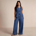 Fashionable and chic button-up sleeveless vest and wide-leg jeans denim set for women - perfect for cross-border e-commerce on  and
