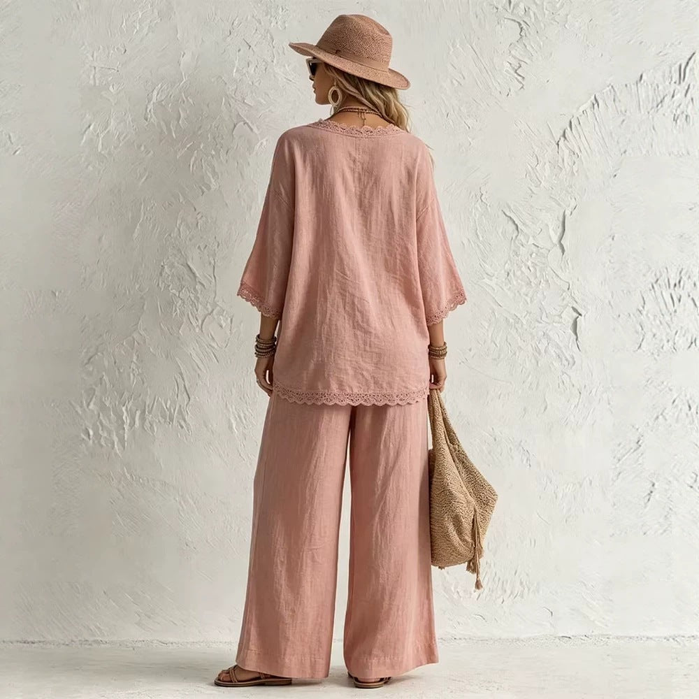 European and american cross-border e-commerce women's new bohemian style lace-trimmed v-neck top and wide-leg pants two-piece set