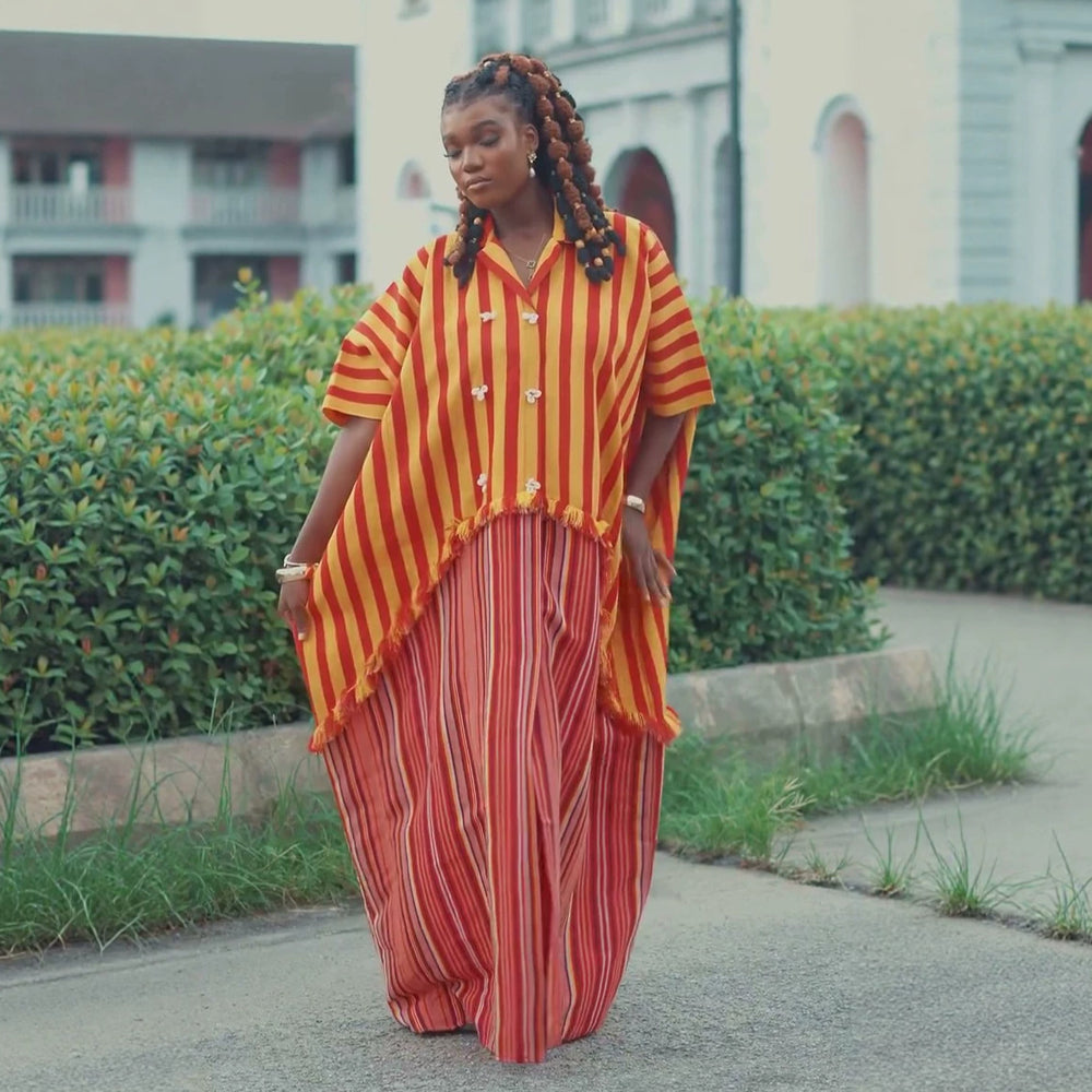 European and american cross-border women's fashion:  summer new arrival - stylish and elegant striped double-breasted oversized long shirt dress