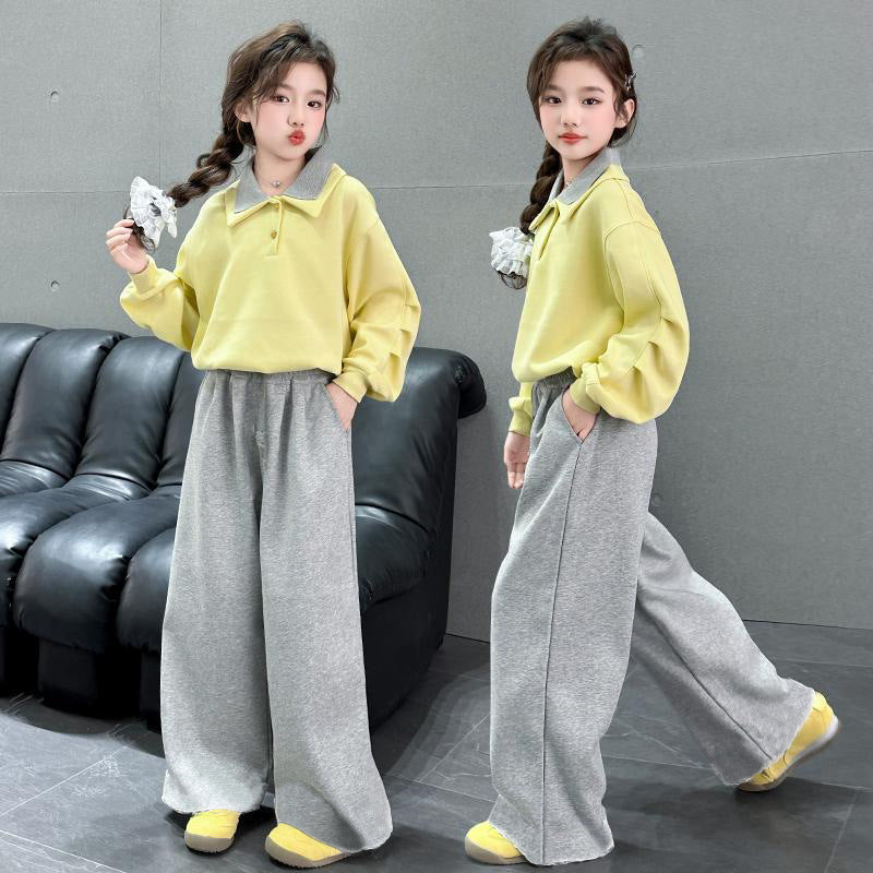 Girls'  spring/autumn new arrival: versatile casual loose-fit sweatpants set - two-piece outfit with floor-length straight-leg pants