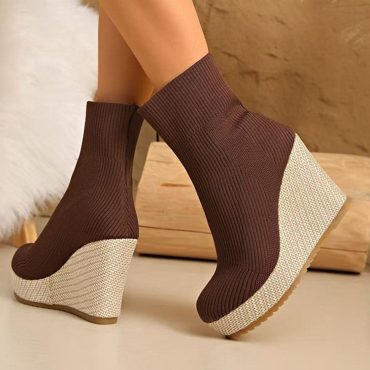 Plus size women's wedge heel boots: new autumn/winter collection - versatile, comfortable, stylish, retro, high-top, slim-fit, and stretchy