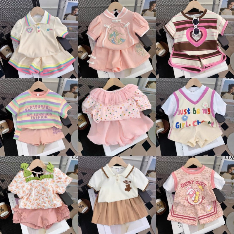 Girls' summer outfit set : trendy and stylish kids' shorts and top casual two-piece set - wholesale supply