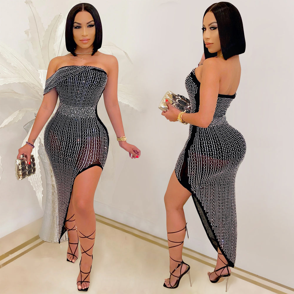 X5046 cross-border   european and american evening dress hot diamond mesh wrapped chest irregular women's dress