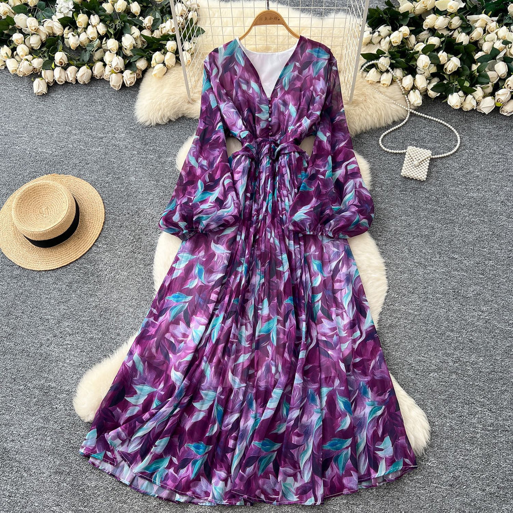 French retro v-neck lantern sleeve cinched waist dress -  new fashionable, elegant, slimming, and chic printed maxi dress