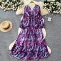 French retro v-neck lantern sleeve cinched waist dress -  new fashionable, elegant, slimming, and chic printed maxi dress