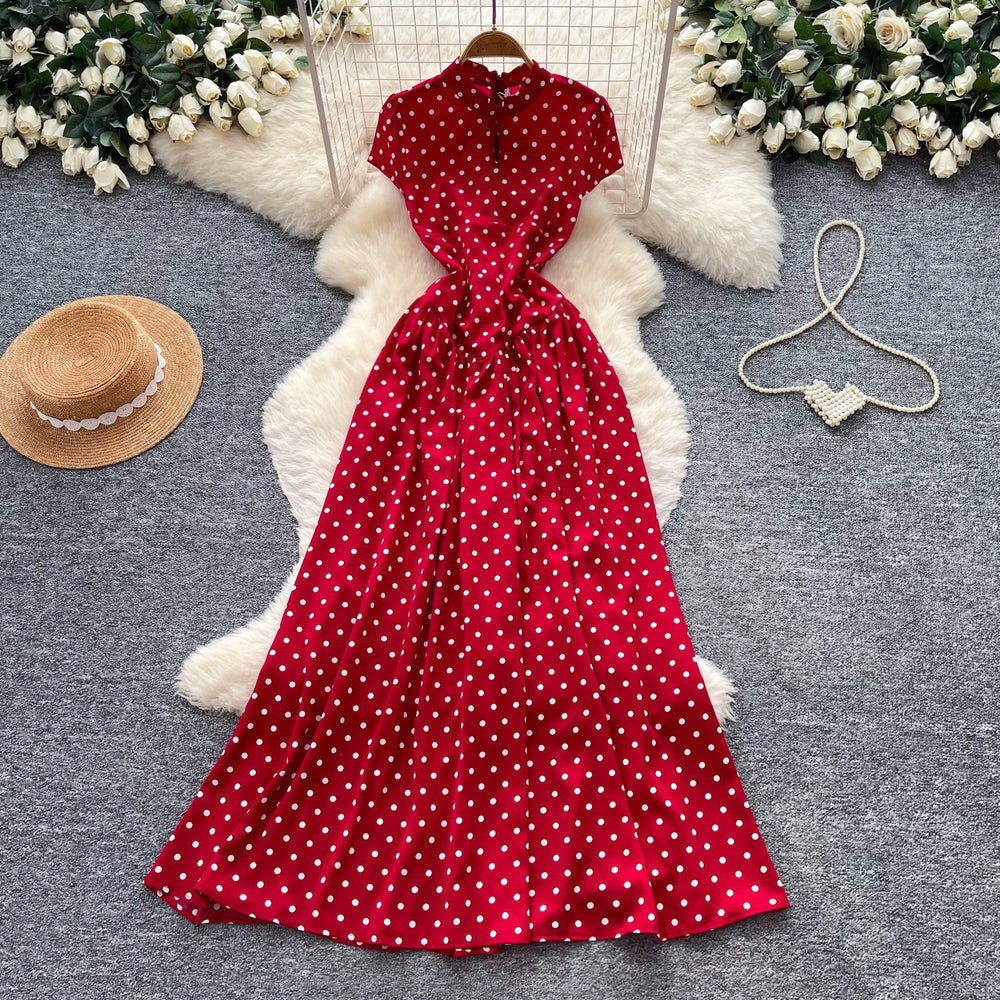 Vintage red short-sleeve polka dot dress - a versatile summer staple: high-waisted a-line, work-ready, slimming maxi dress