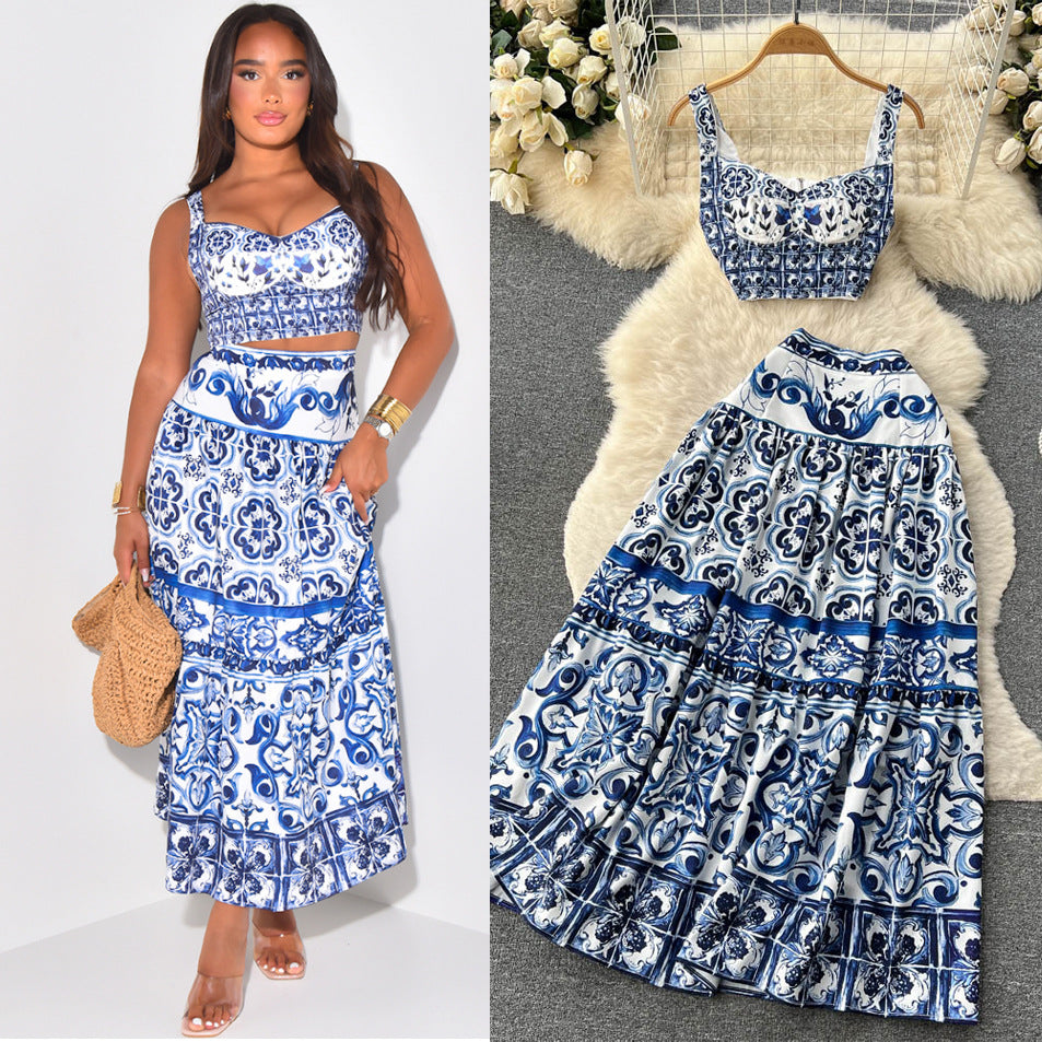 Summer blue and white porcelain print set for women: 3d padded bandeau top with straps + pleated midi skirt two-piece outfit