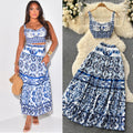Summer blue and white porcelain print set for women: 3d padded bandeau top with straps + pleated midi skirt two-piece outfit