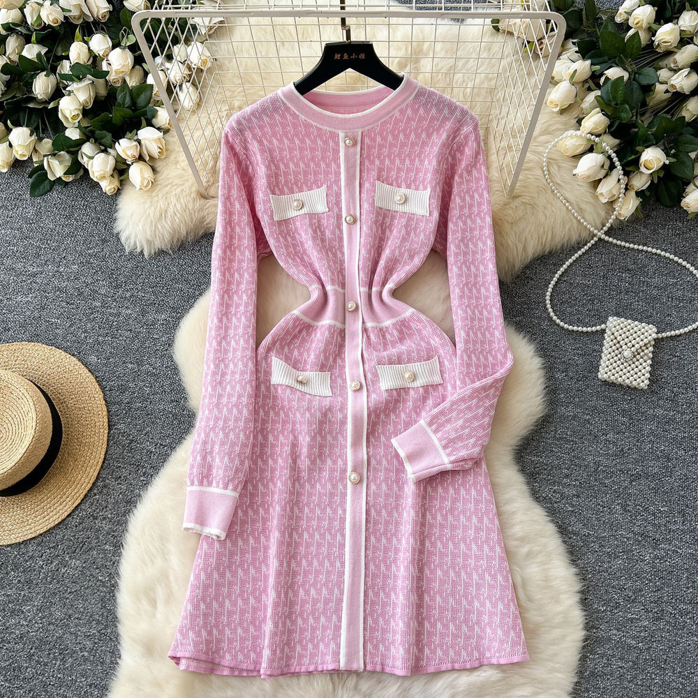 Autumn winternew arrival tweed style round neck pearl button waist contrast colorknittingdress women's long sleeveshigh waista-line skirt