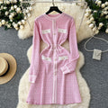 Autumn winternew arrival tweed style round neck pearl button waist contrast colorknittingdress women's long sleeveshigh waista-line skirt