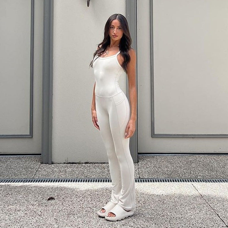 Sports European and American style  solid color pocket splicing simple fashion yoga casual suspender jumpsuit wholesale