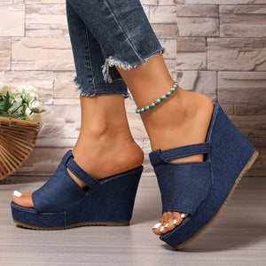 European and american plus size summer new thick-soled peep-toe sandals and slippers, denim hollow-out one-strap wedge heel slippers for women
