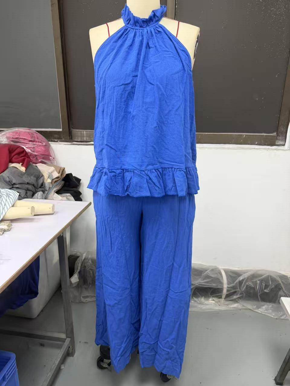 european and american  spring/summer new arrival: halter top cotton linen retro high-waisted loose casual set for women