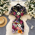 High-end women's summer dress - french vintage v-neck lantern sleeve, heavily embroidered mesh, cinched waist, puff sleeve dress